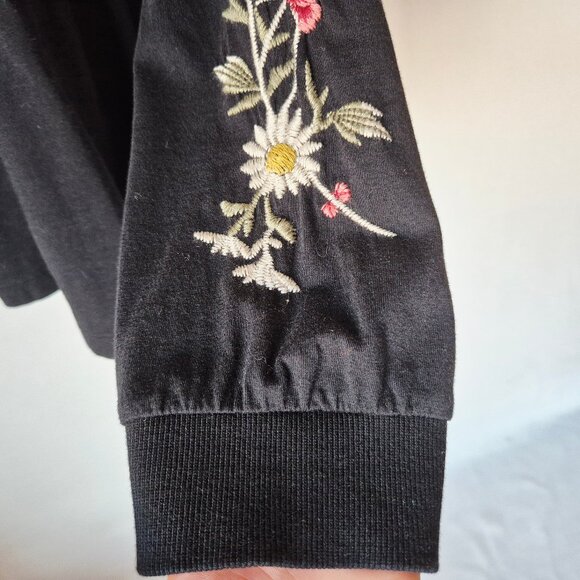 Johnny Was Embroidered Acacia Seamed Relaxed Long Sleeve Tee Black Knit - Picture 5 of 11